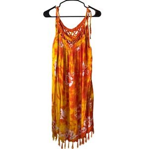 Young Fashion Orange Yellow Tie Dye Hibiscus Tassel Fringe Sundress One Size